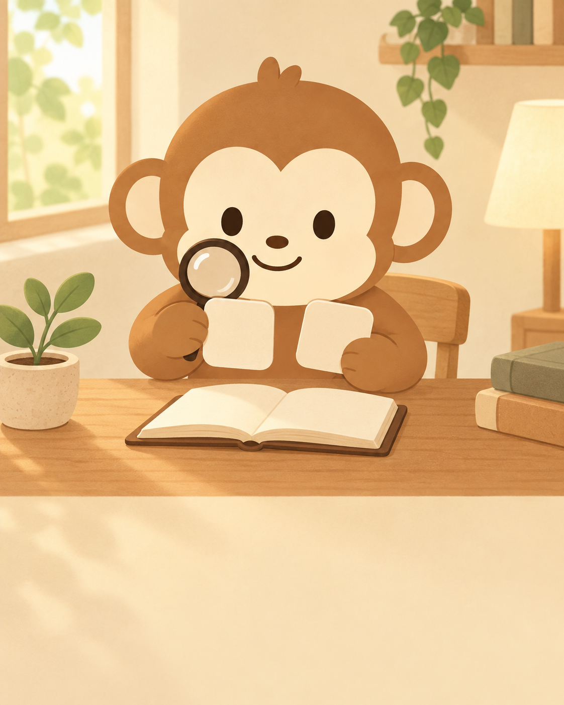 두 장의 카드를 돋보기로 살펴보는 설명용 원숭이 캐릭터